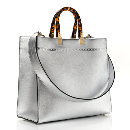 Fendi Vitello Catalan Mirror Plexiglass Logo Embossed Medium Fendi Sunshine Shopper Tote Argento 3 of 10