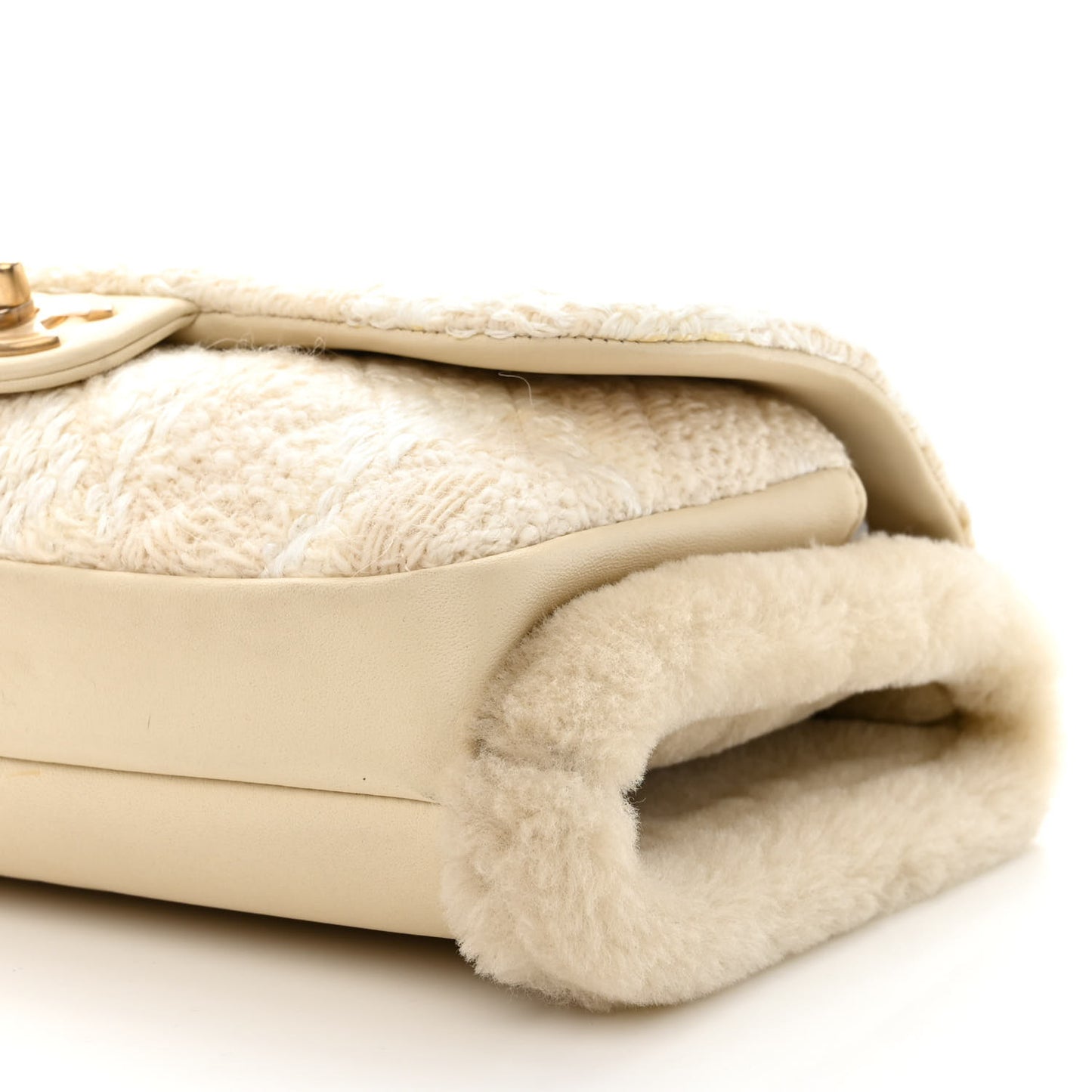 Tweed Shearling Lambskin Quilted Single Flap Muff White