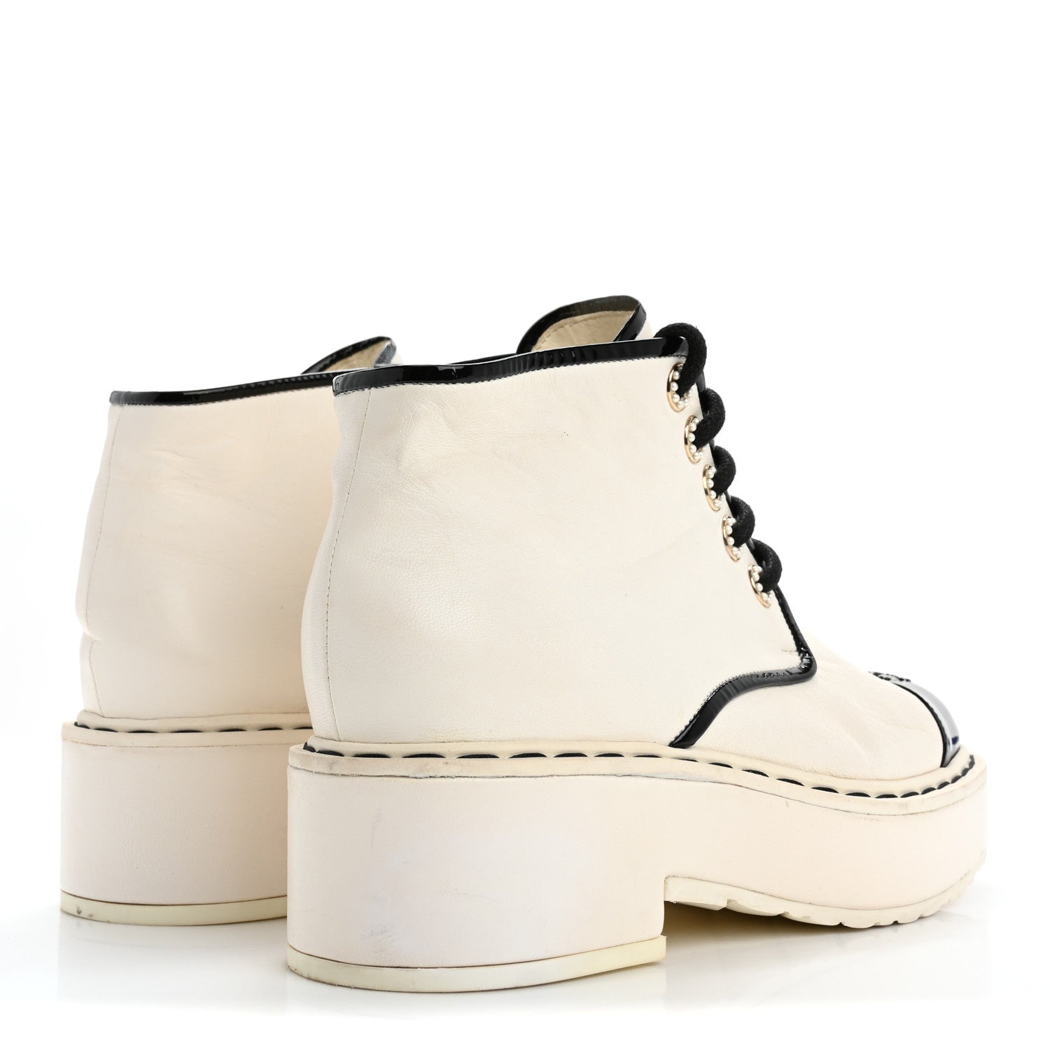 Chanel Lambskin Patent CC Cap Toe Pearl Short Boots 36.5 White