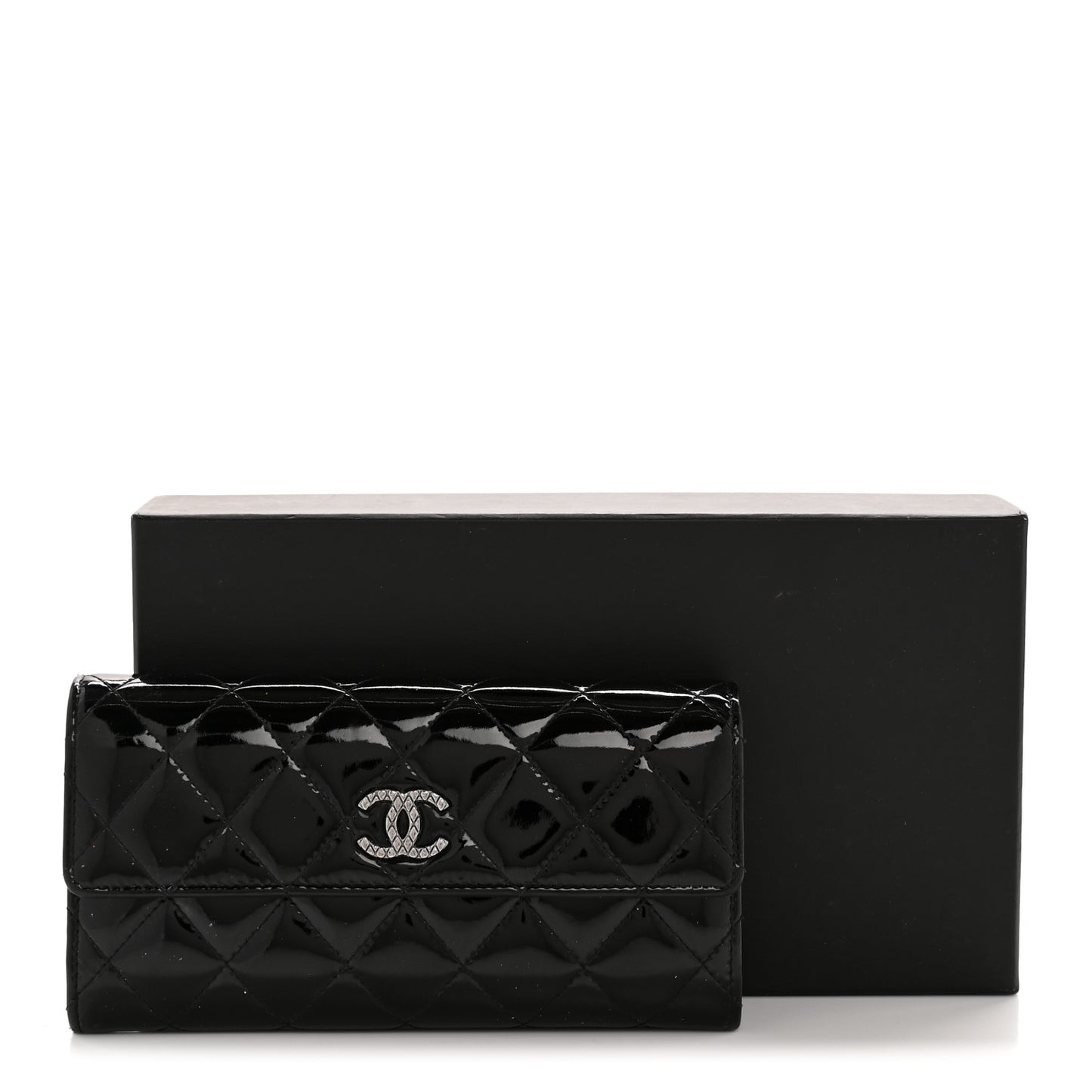 Patent Quilted Large Brilliant Flap Wallet Black