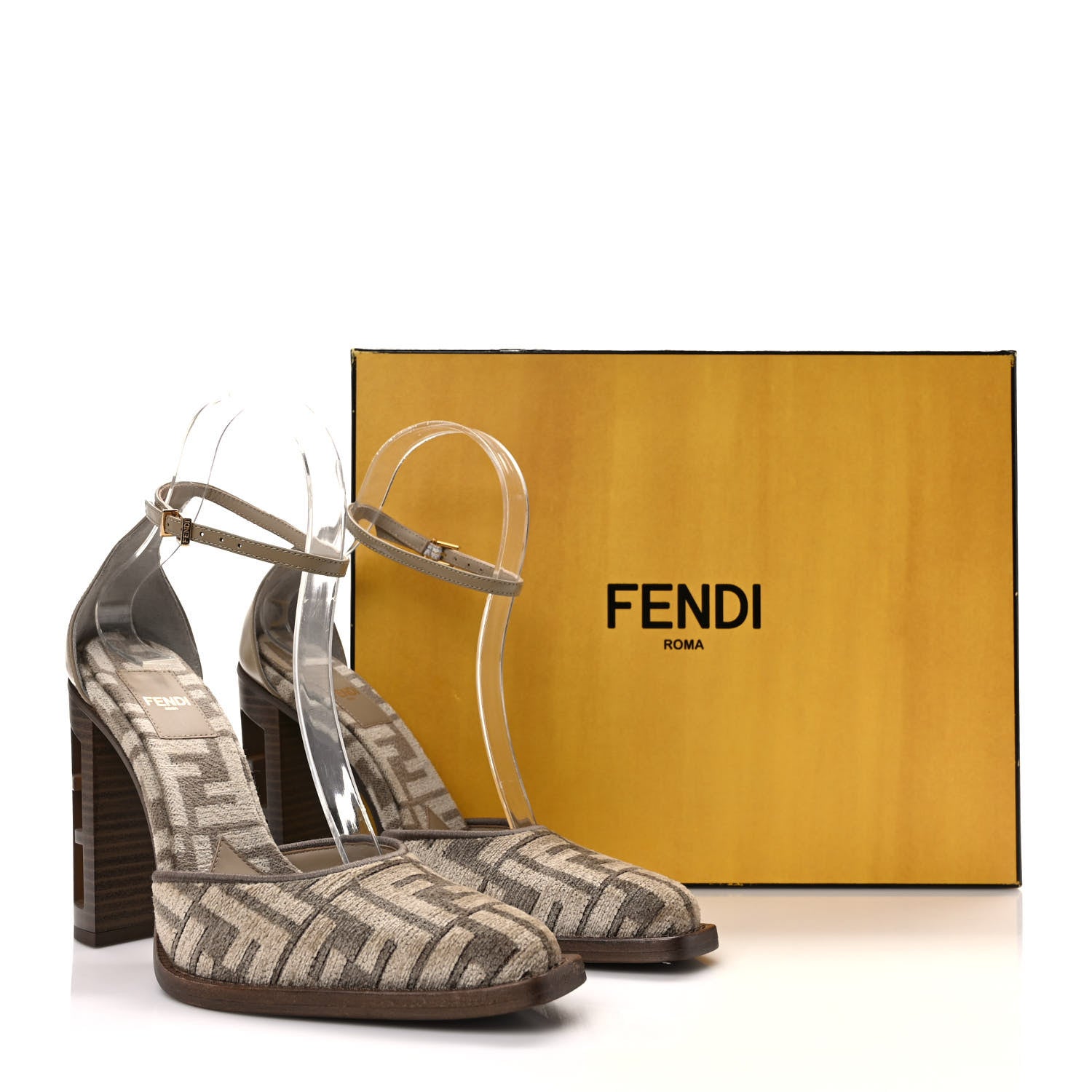 Fendi Chenille Jacquard FF Cut Baguette Ankle Strap 105mm Pumps 36 Tortora Nuvola 8 of 8