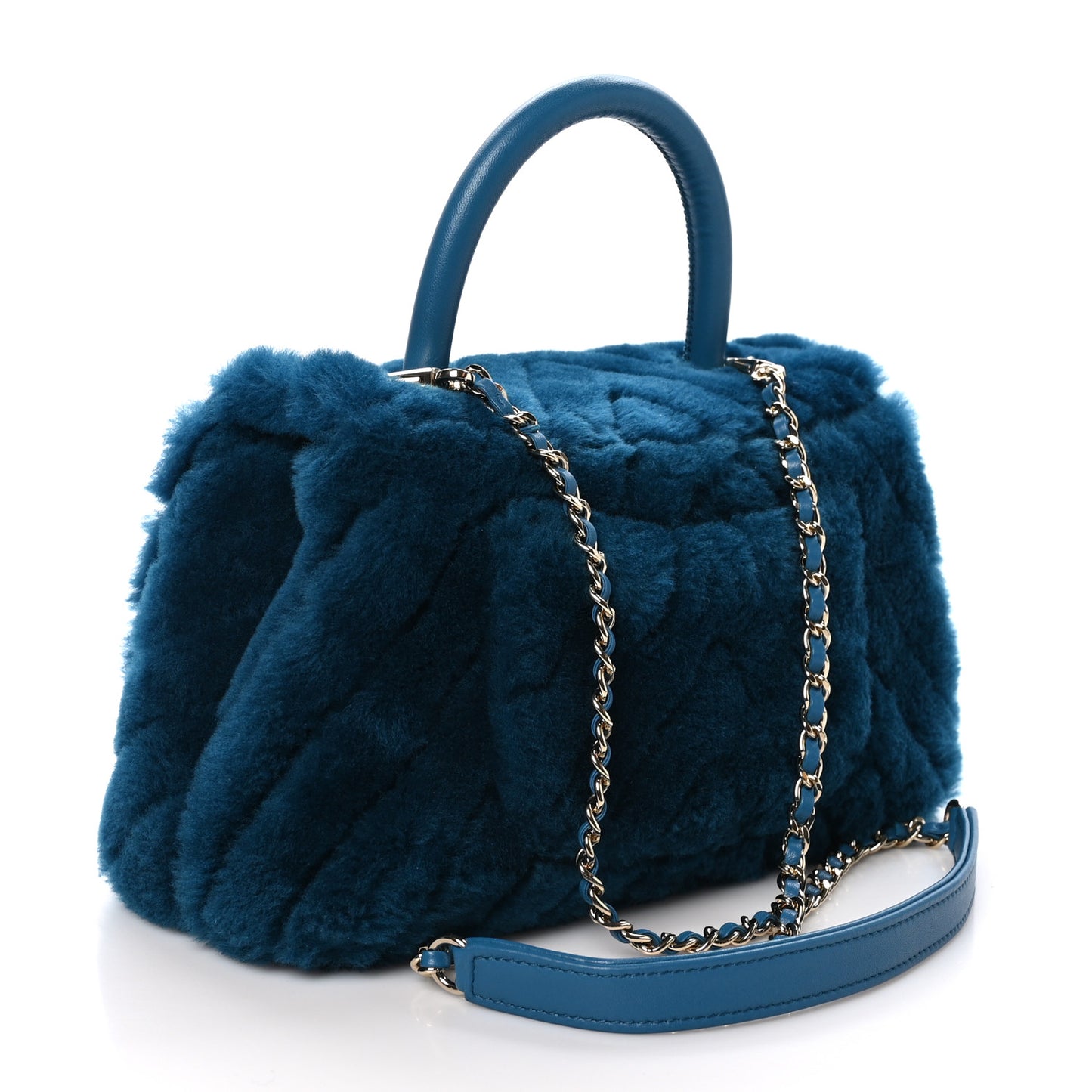 Shearling Lambskin Chevron Quilted Mini Coco Handle Flap Turquoise