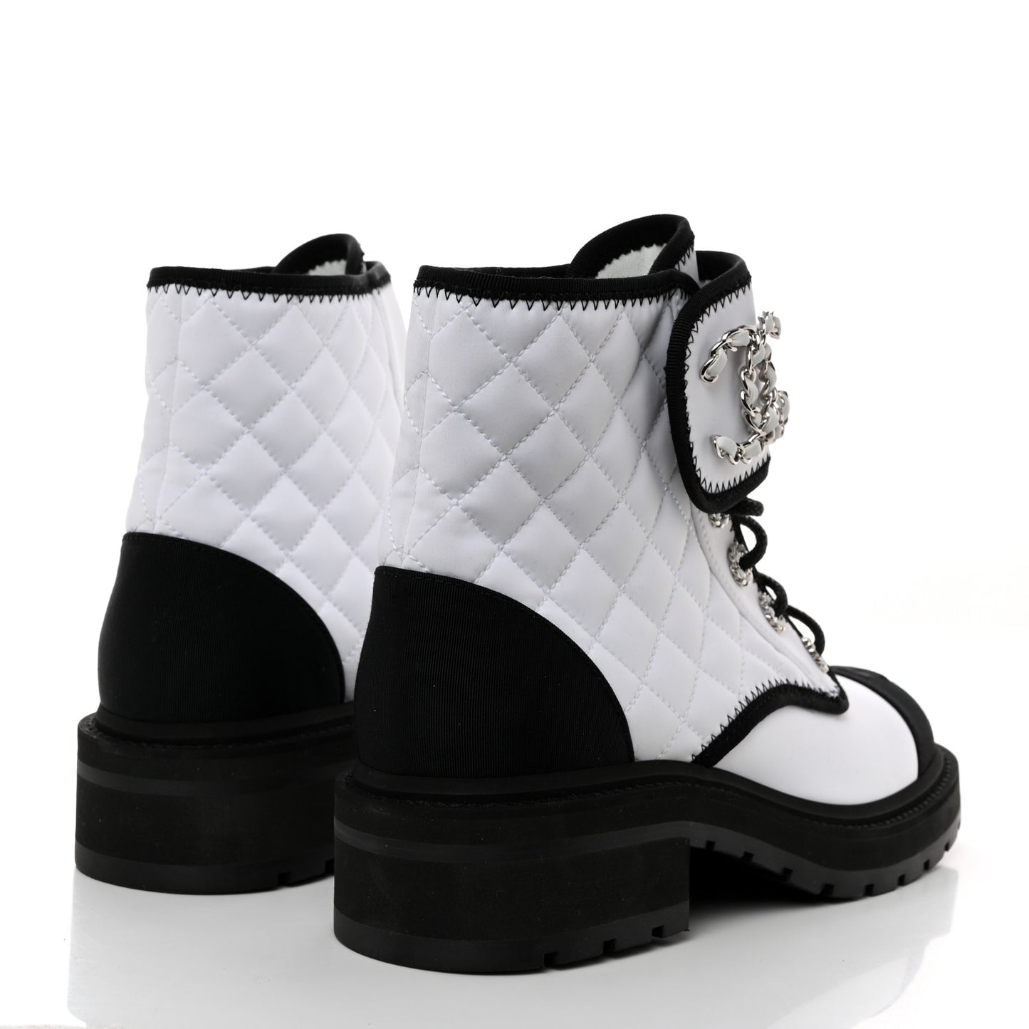 Fabric Grosgrain Quilted Cap Toe Lace Up Combat Boots 38.5 White Black