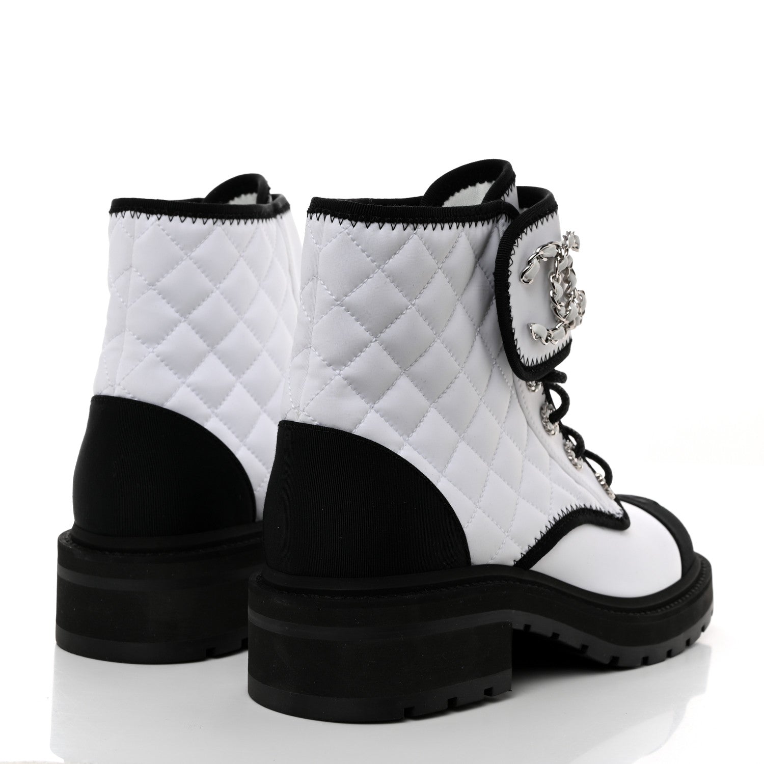 Chanel Fabric Grosgrain Quilted Cap Toe Lace Up Combat Boots 38.5 White Black 4 of 8