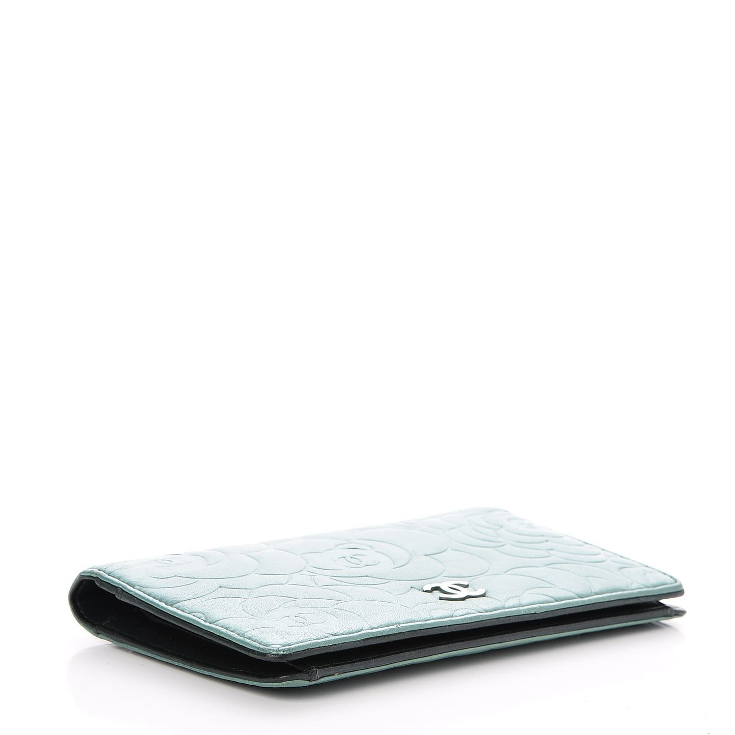 Lambskin Camellia Embossed Yen Wallet Green