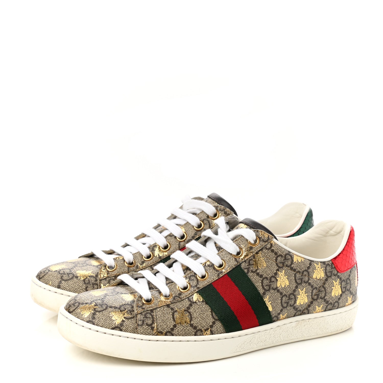 Gucci GG Supreme Monogram Bees Ayers Web Womens Ace Sneakers 37 Beige Oro Green Red 3 of 10