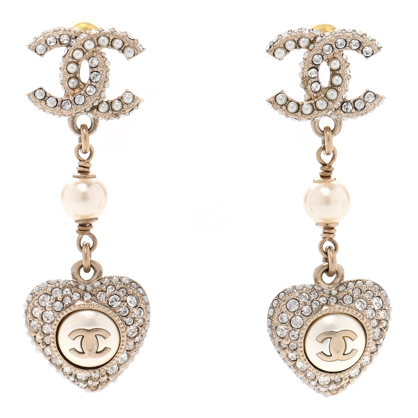 Pearl Crystal CC Heart Drop Earrings Gold White