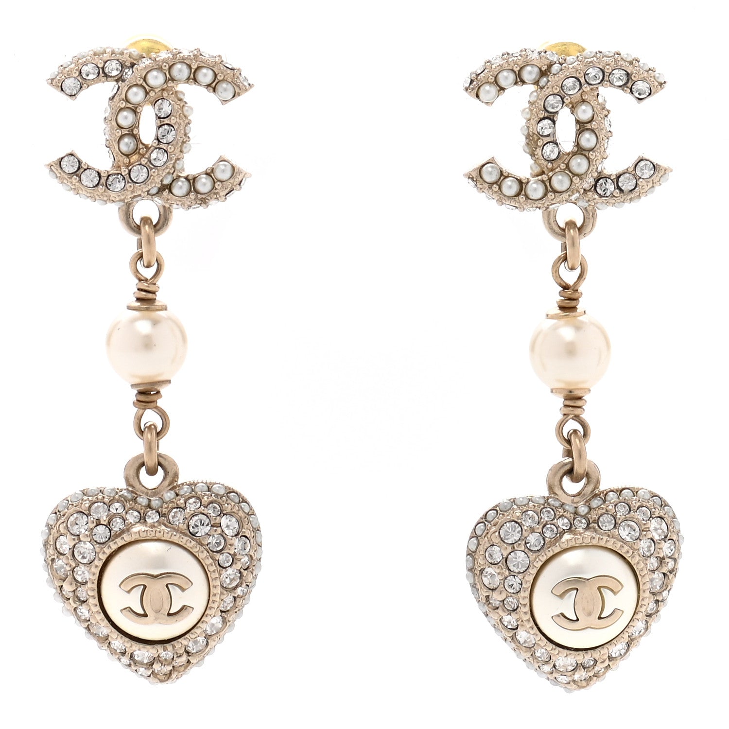 Chanel Pearl Crystal CC Heart Drop Earrings Gold White 1 of 4