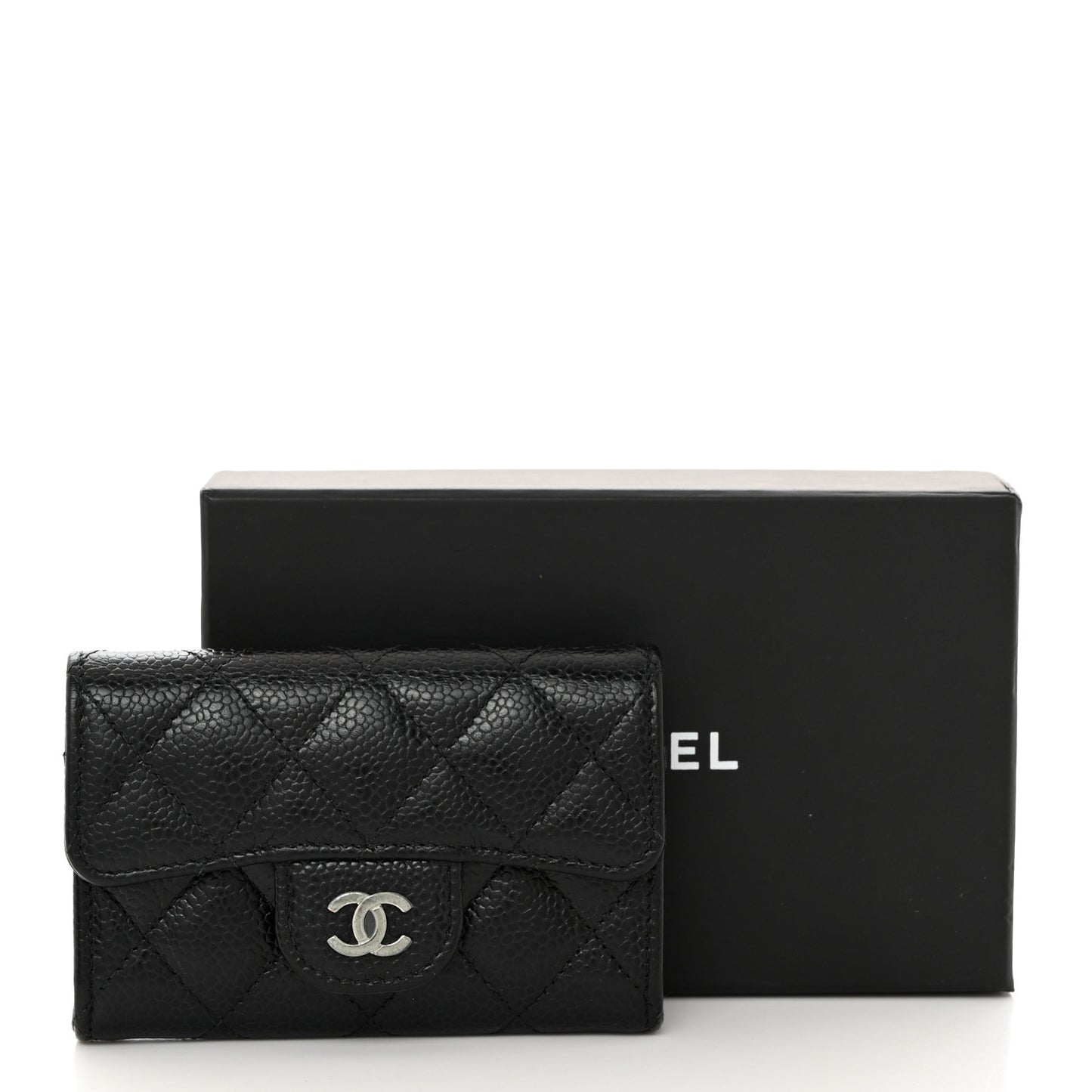 Caviar Quilted Flap Card Holder Wallet Black