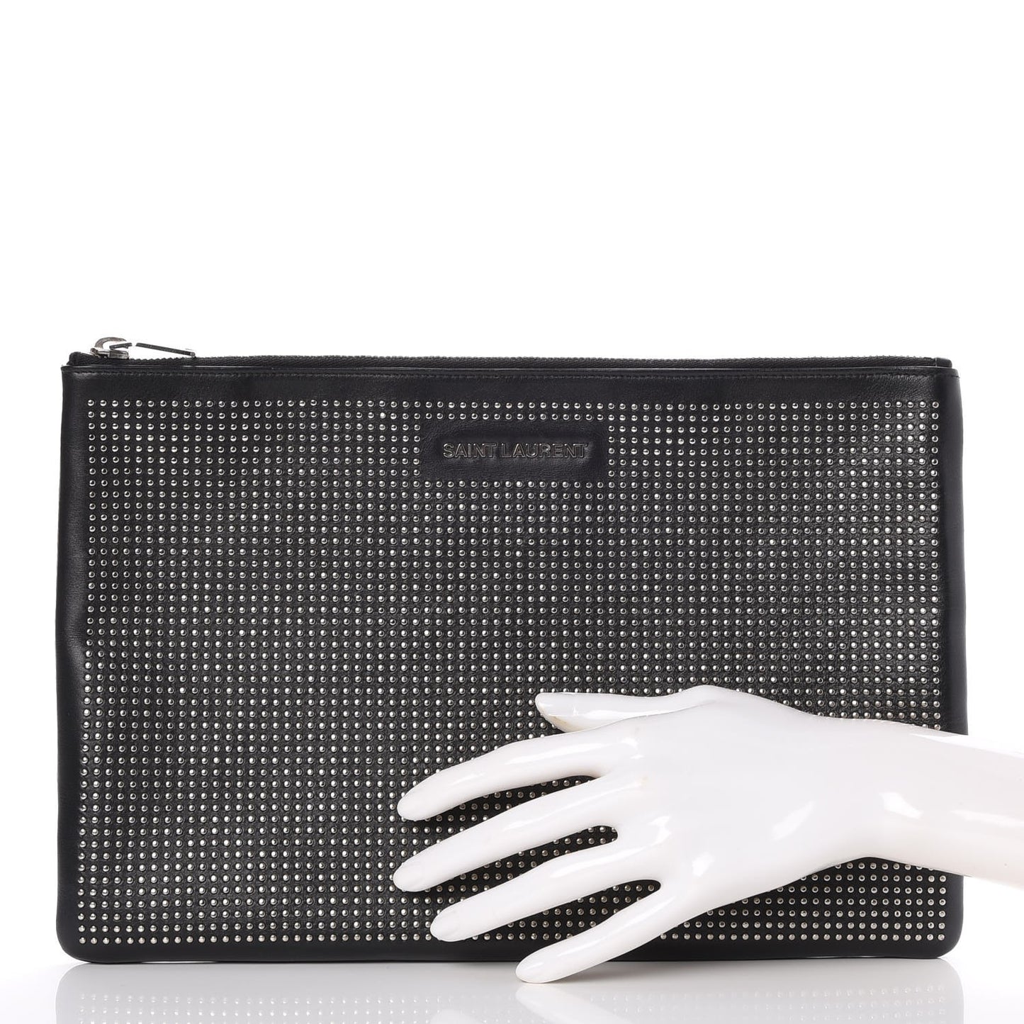 Calfskin Studded Letters Zipped Clutch Black