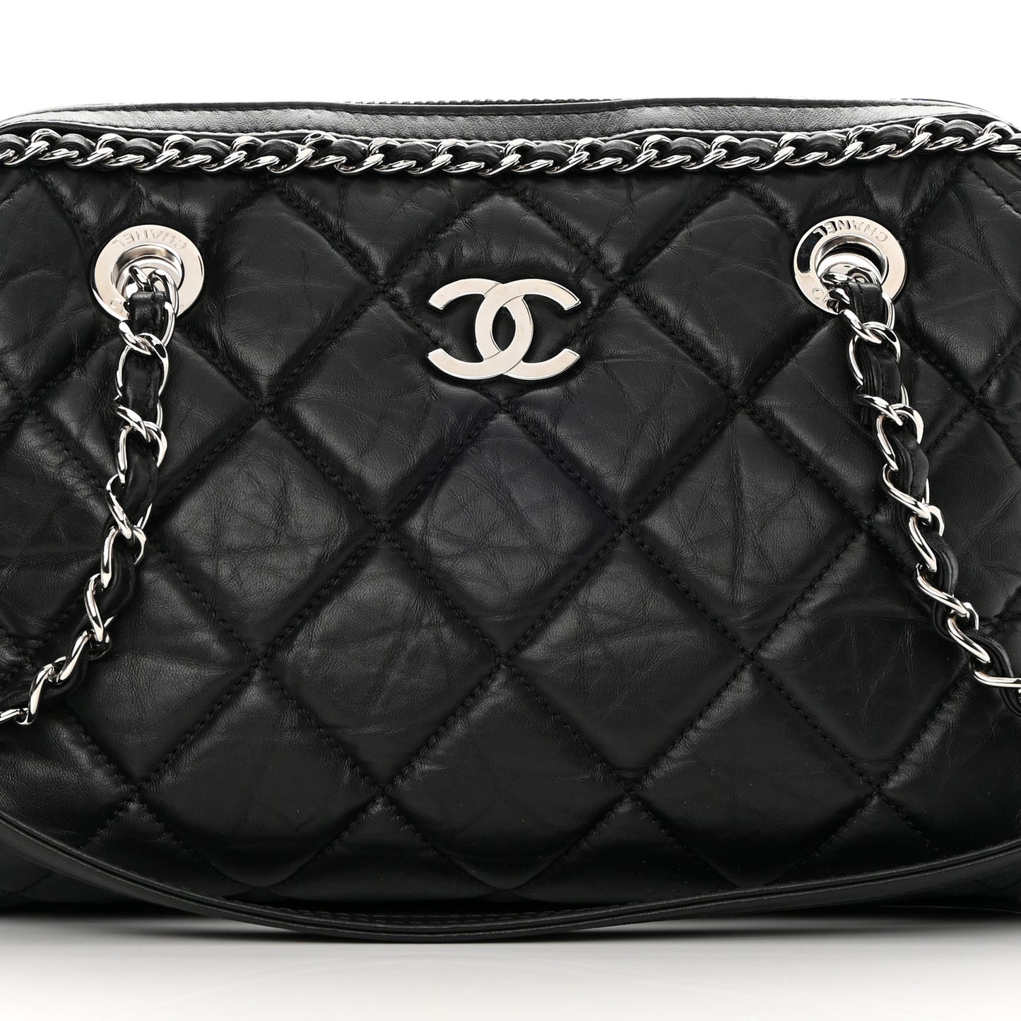 Crumpled Calfskin Quilted Chain All Over Shoulder Bag Black