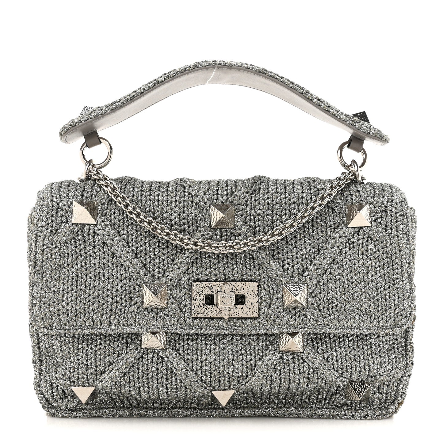 Metallic Lurex Knit Large Roman Stud Shoulder Bag Silver