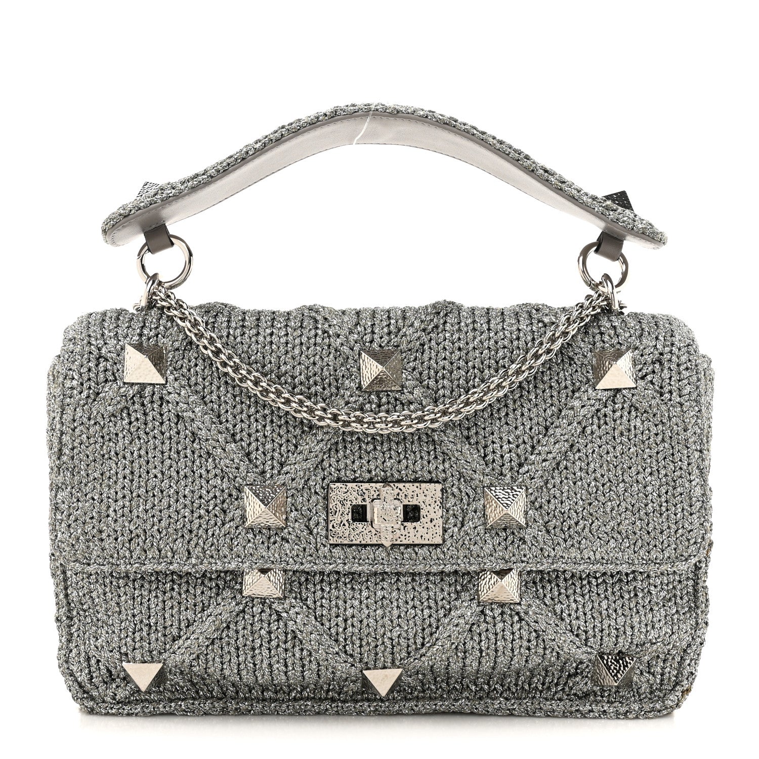 Valentino Garavani Metallic Lurex Knit Large Roman Stud Shoulder Bag Silver 1 of 9