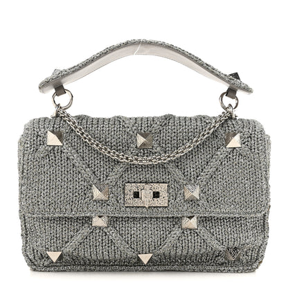 Valentino Garavani Metallic Lurex Knit Large Roman Stud Shoulder Bag Silver 1 of 9