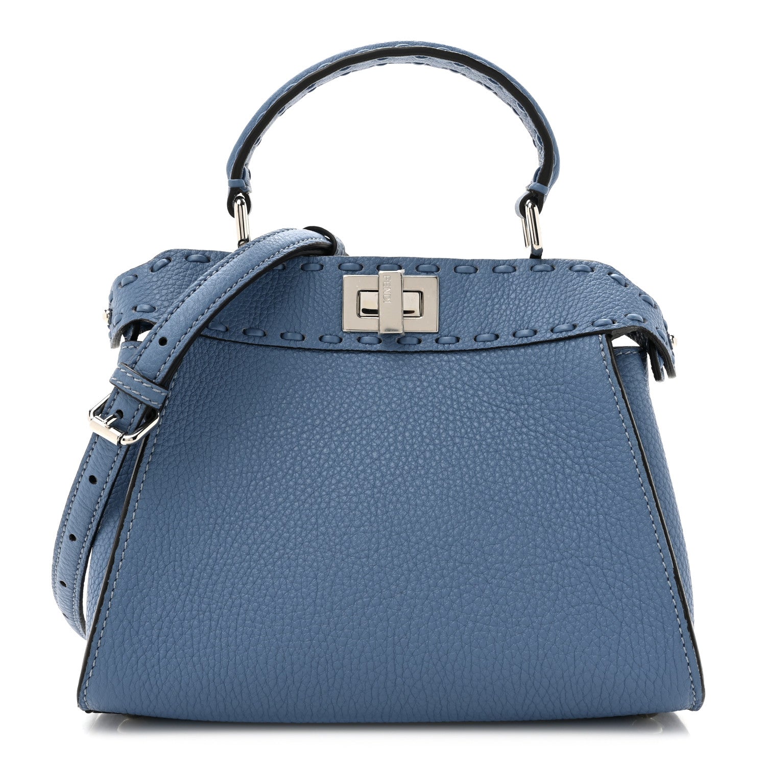 Fendi Cuoio Romano Selleria Macro Stitchings Mini Peekaboo Iconic Satchel Placca Argento Blue 1 of 9