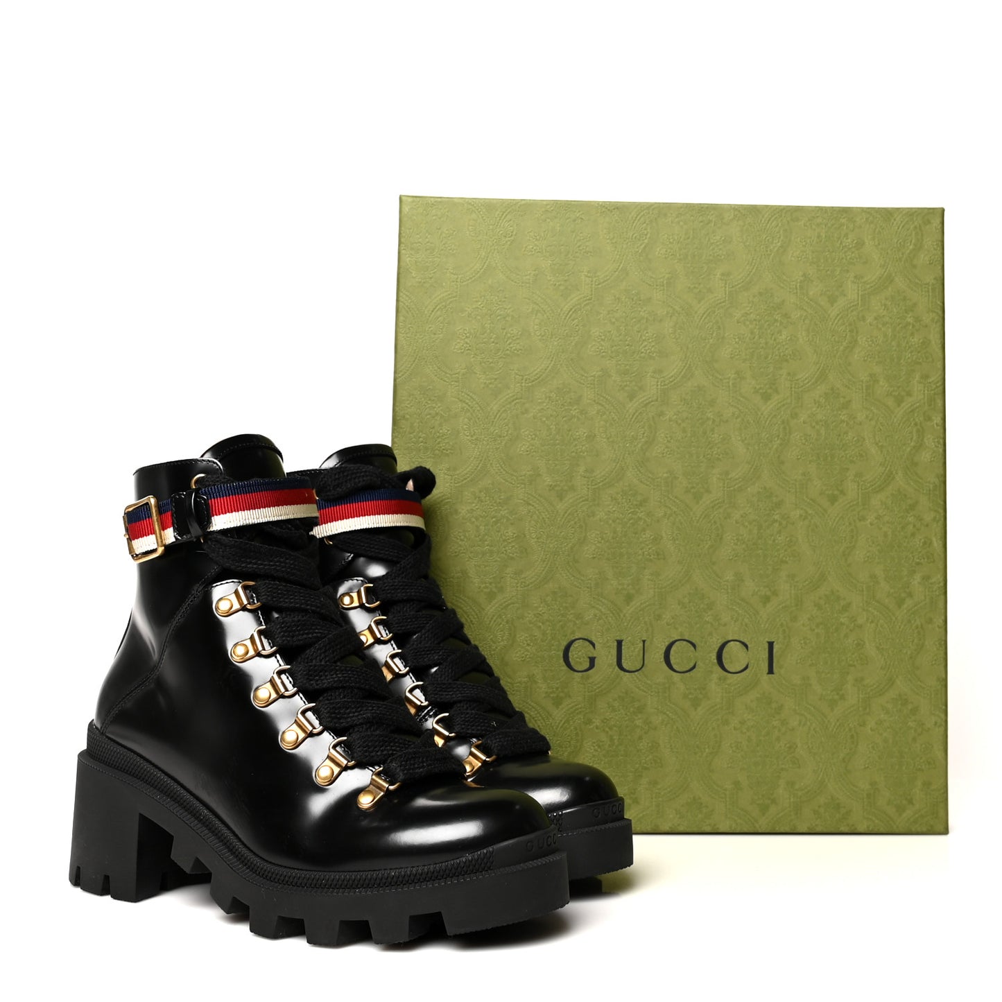 Calfskin Sylvie Web Lace Up Combat Boots 37.5 Black