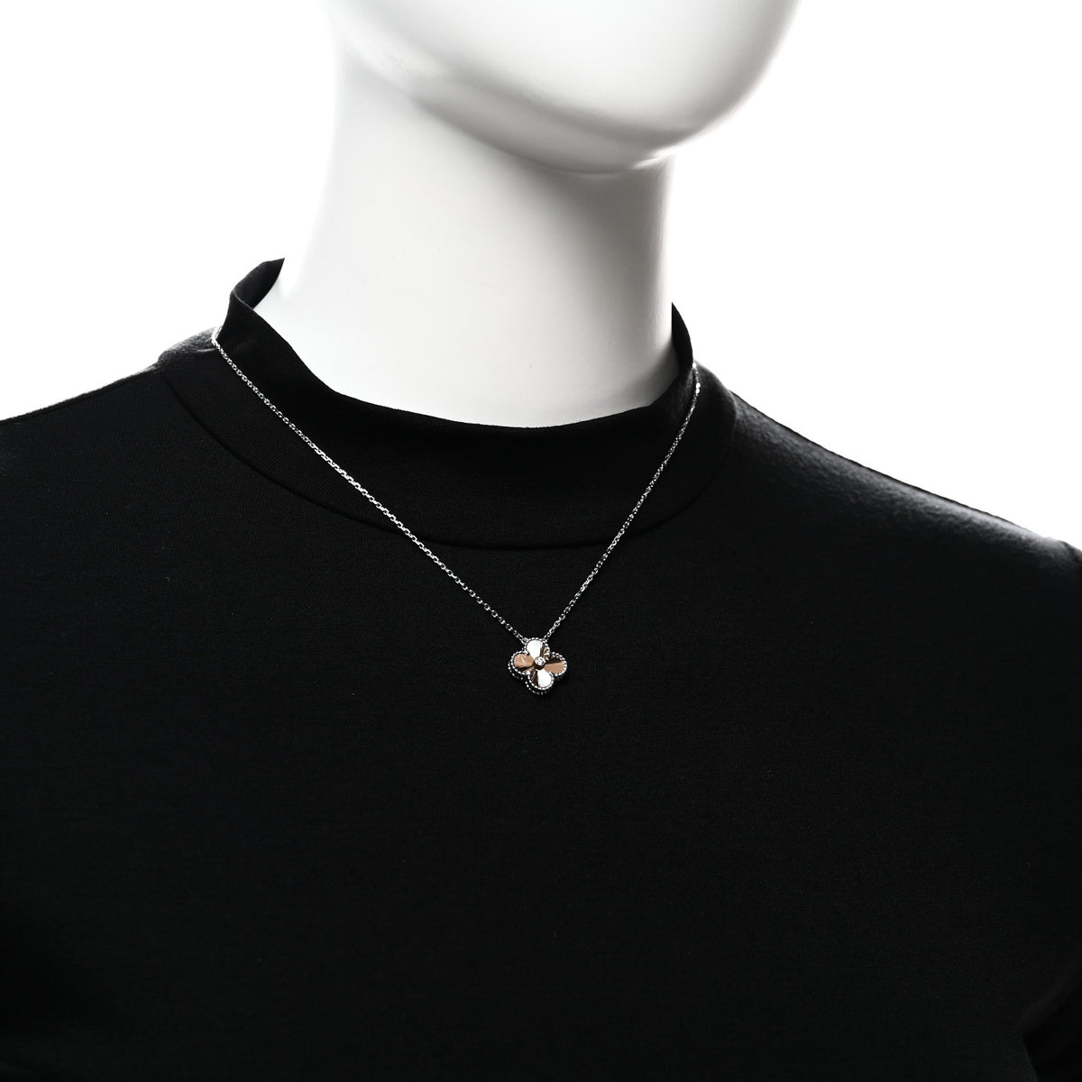 18K White Rose Gold Diamond Guilloche Vintage Alhambra Pendant Necklace
