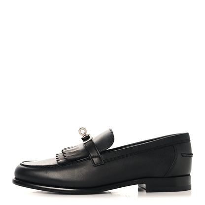 Hermes Fringed Calfskin Womens Destin Loafer 37 Black 1 of 8