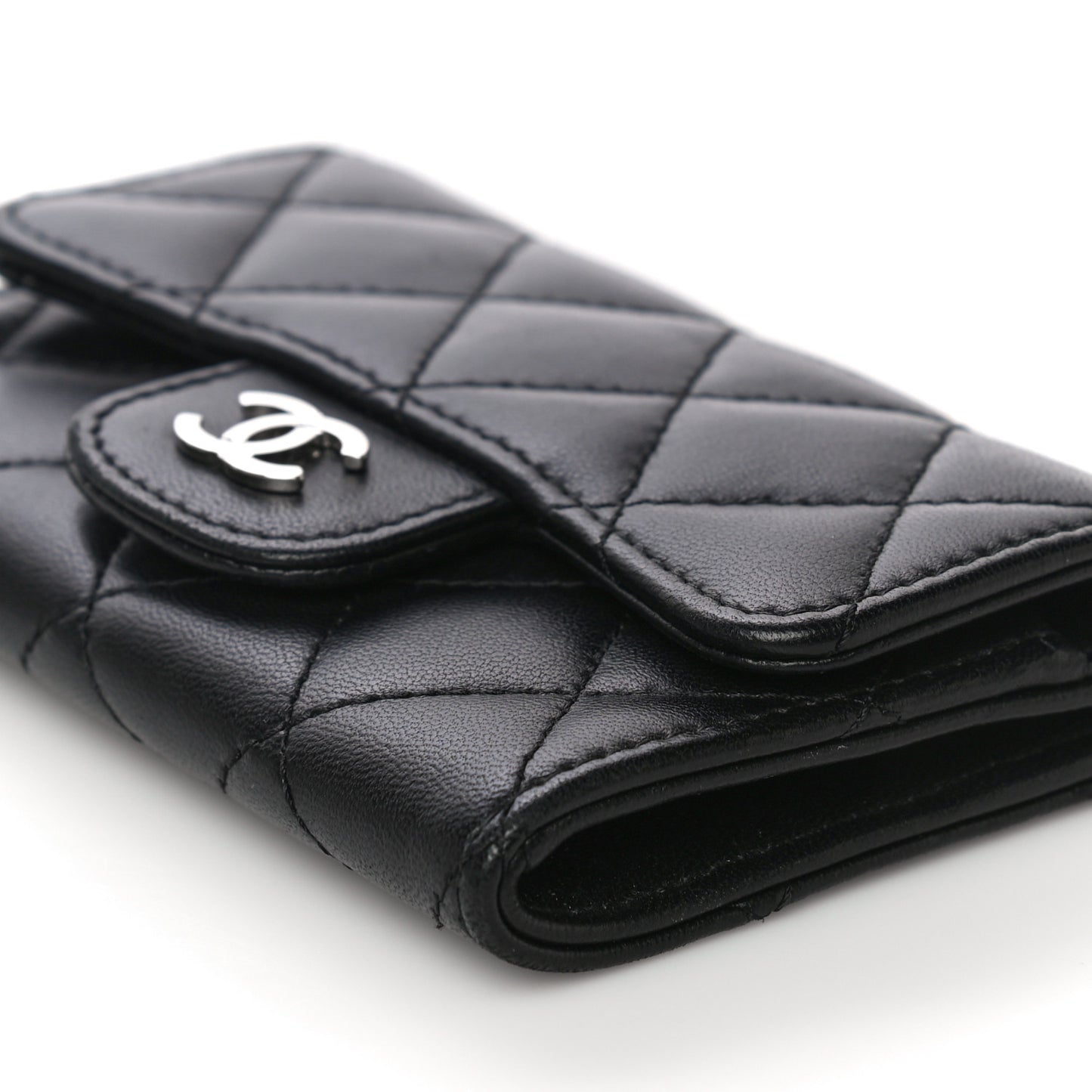 Lambskin Quilted Flap Card Holder Black