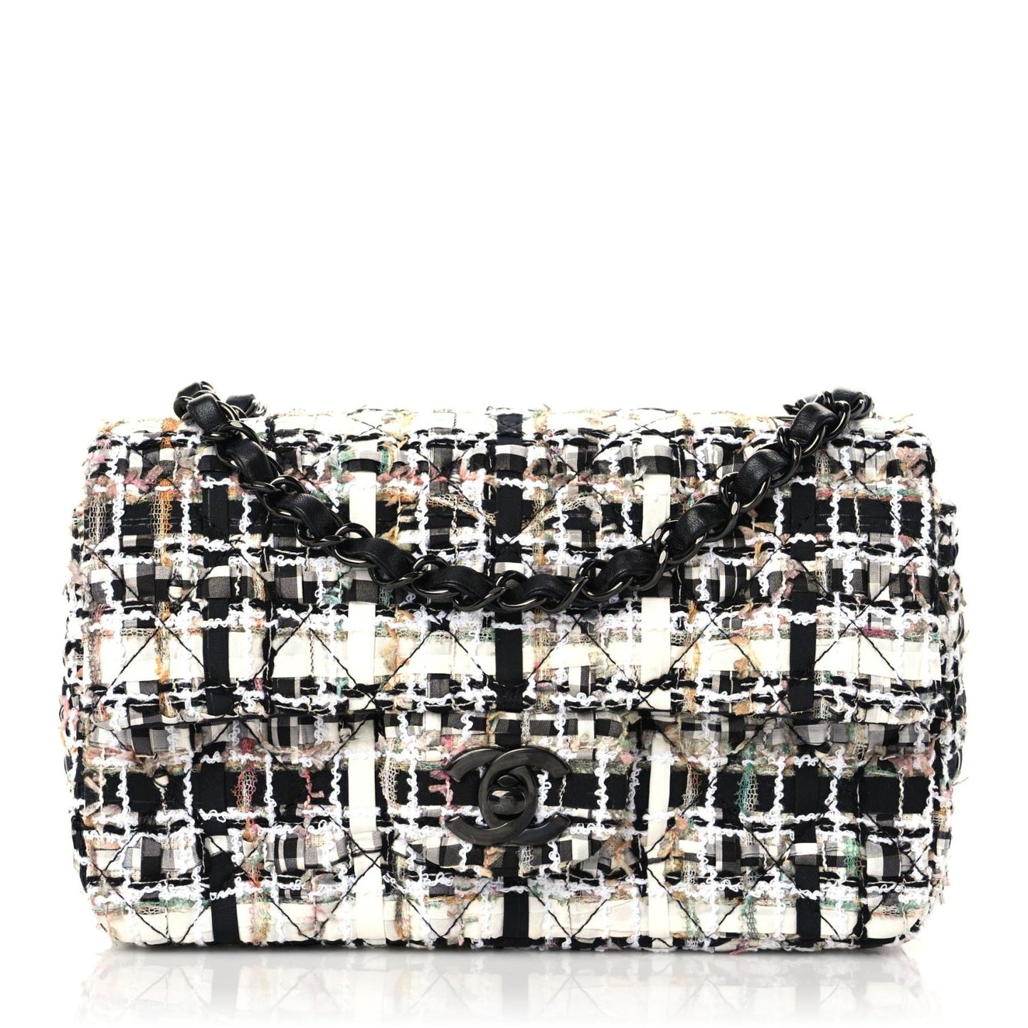Tweed Quilted Mini Rectangular Flap White Black Multicolor