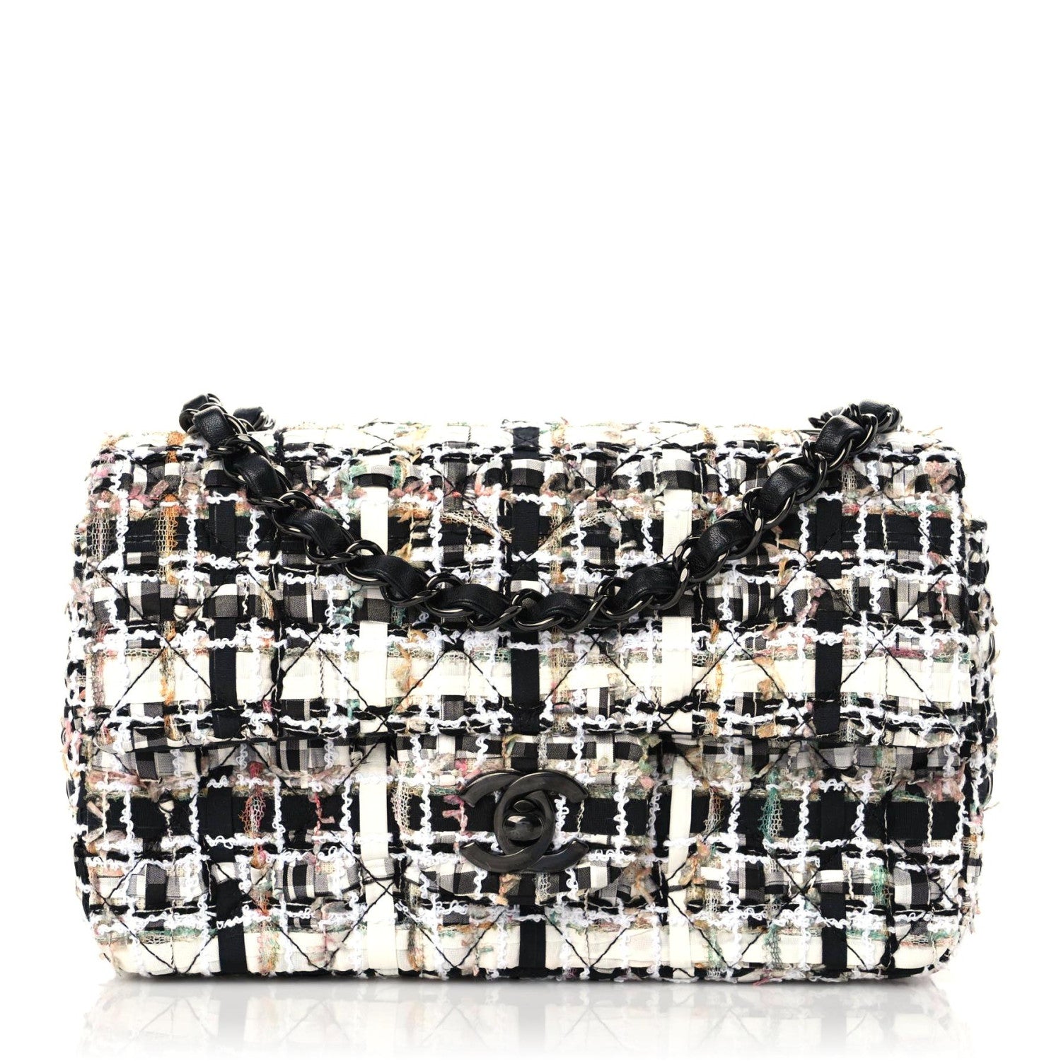Chanel Tweed Quilted Mini Rectangular Flap White Black Multicolor 1 of 9