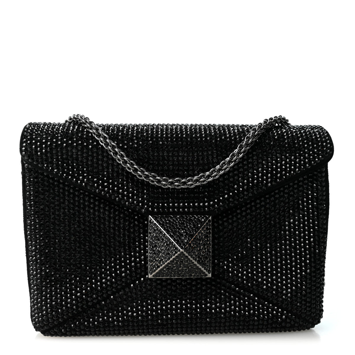 Valentino Garavani Crystal Suede Embellished Small One Stud Clutch With Chain Black 1 of 10