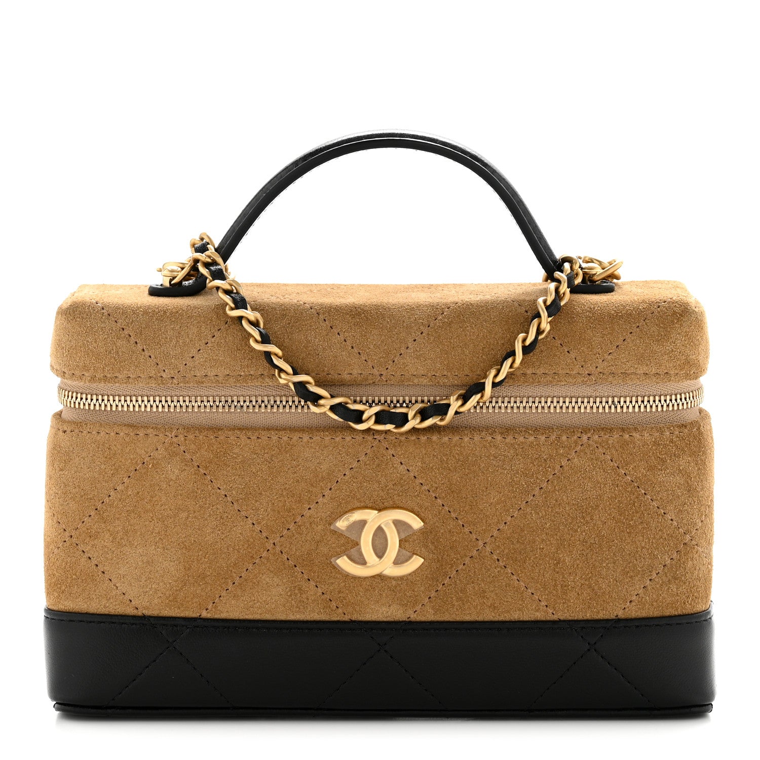 Chanel Suede Calfskin Shiny Lambskin Quilted Top Handle Slim Vanity Case With Chain Beige Black 1 of 11