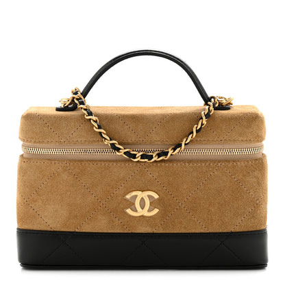 Chanel Suede Calfskin Shiny Lambskin Quilted Top Handle Slim Vanity Case With Chain Beige Black 1 of 11