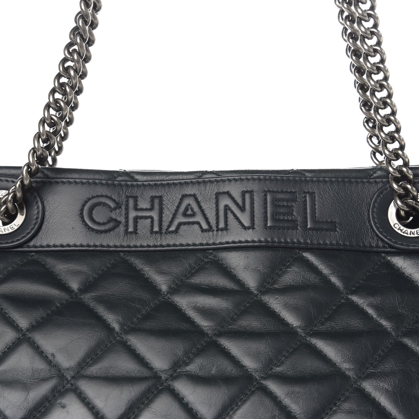 Glazed Calfskin Quilted Shopping Tote Dark Blue