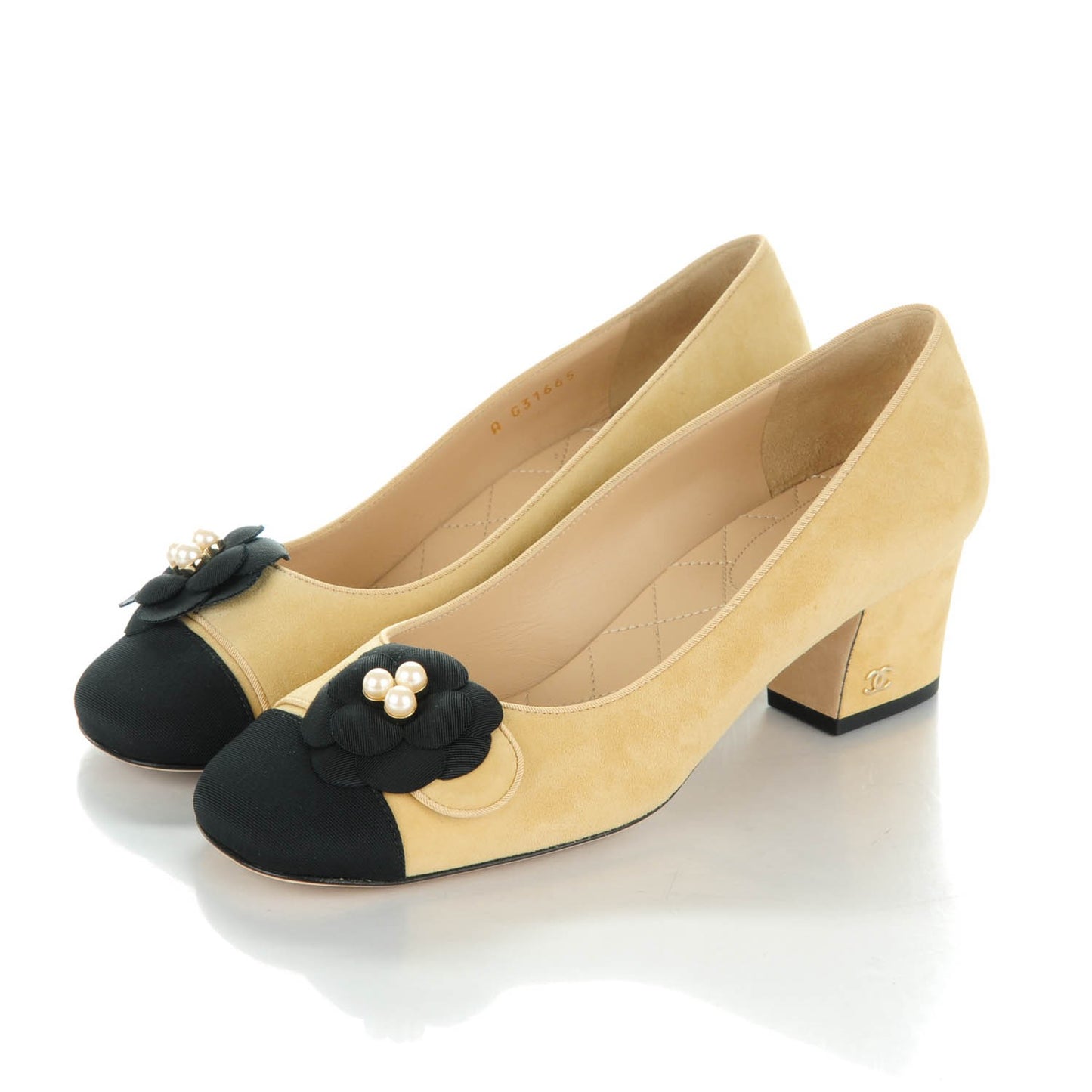 Suede Grosgrain Pearl Camellia Cap Toe Pumps 37.5 Beige Black