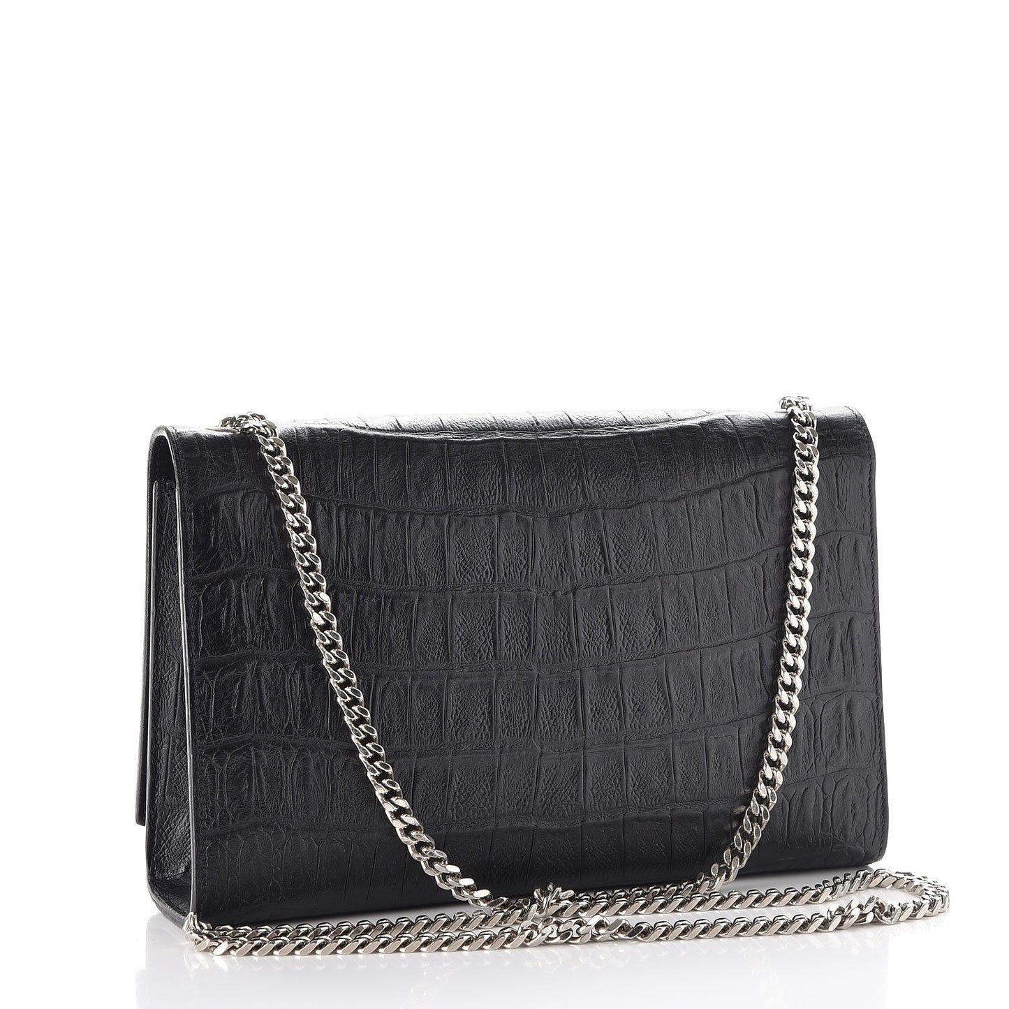 Calfskin Crocodile Embossed Medium Classic Monogram Kate Tassel Satchel Black