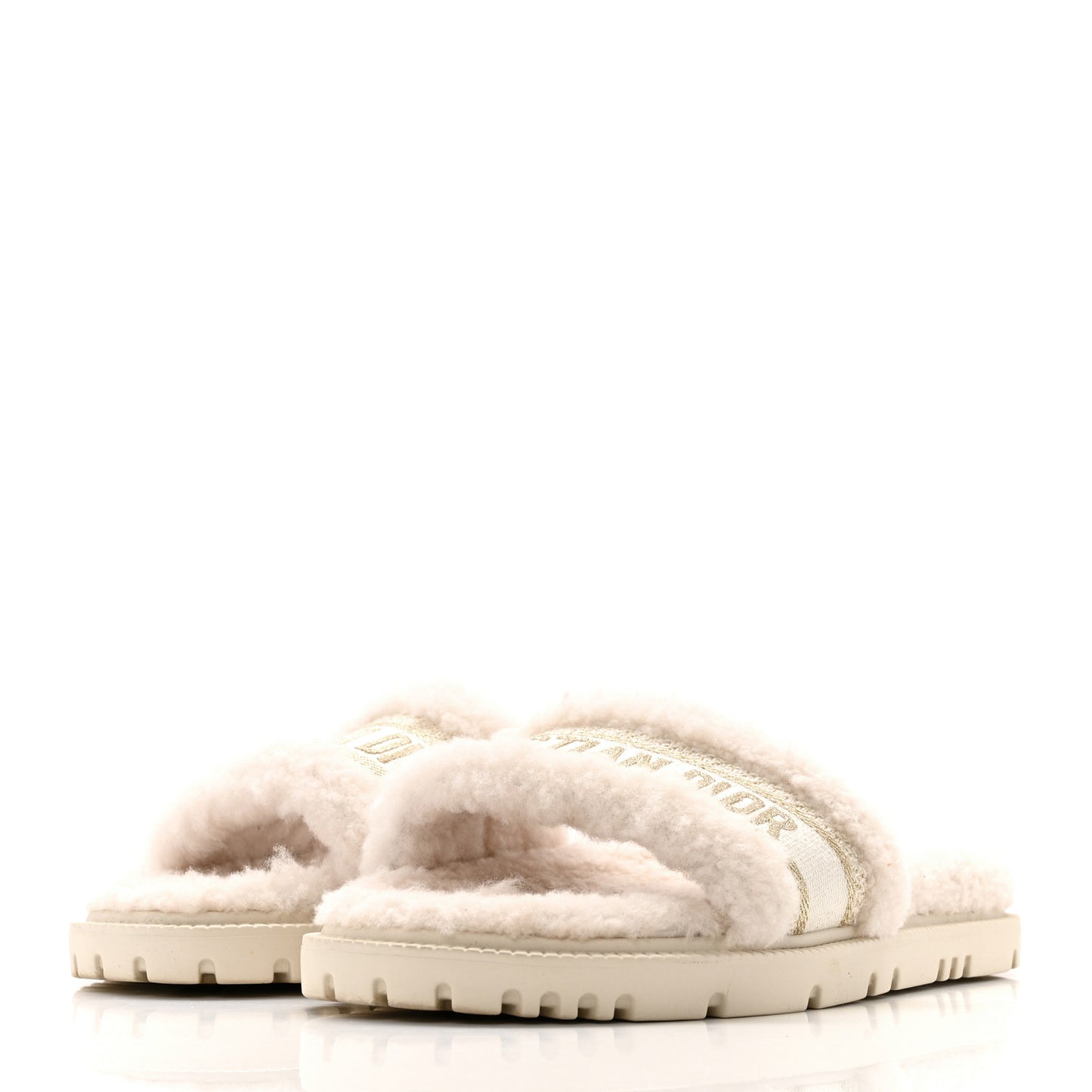 Shearling Canvas Lurex Embroidered Dway 10mm Slide Sandals 39 Natural Platinum