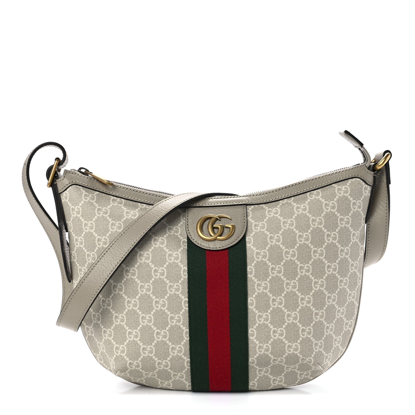 GG Supreme Monogram Textured Dollar Calfskin Web Small Ophidia Half Moon Hobo Beige Mystic White Oatmeal