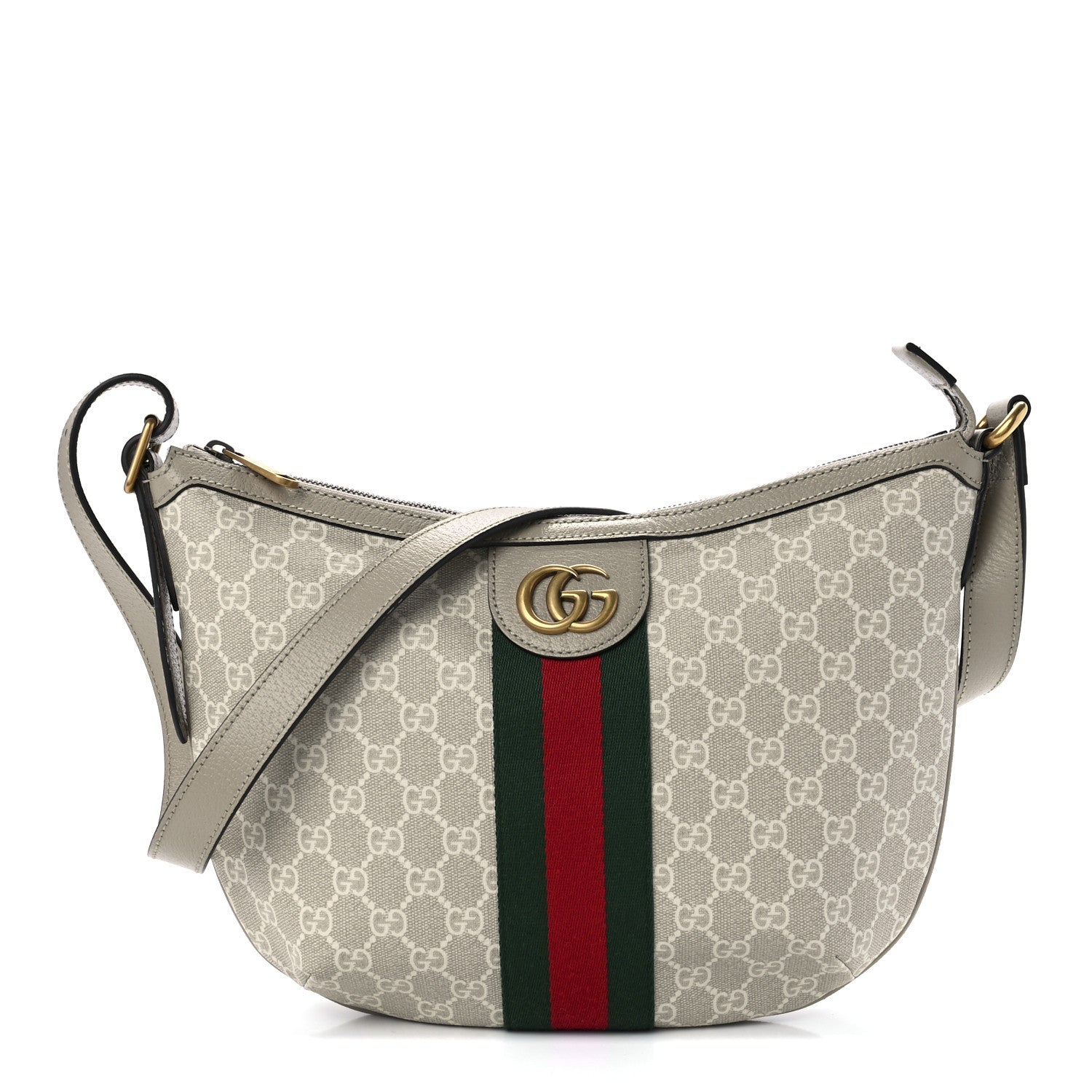 Gucci GG Supreme Monogram Textured Dollar Calfskin Web Small Ophidia Half Moon Hobo Beige Mystic White Oatmeal 1 of 11