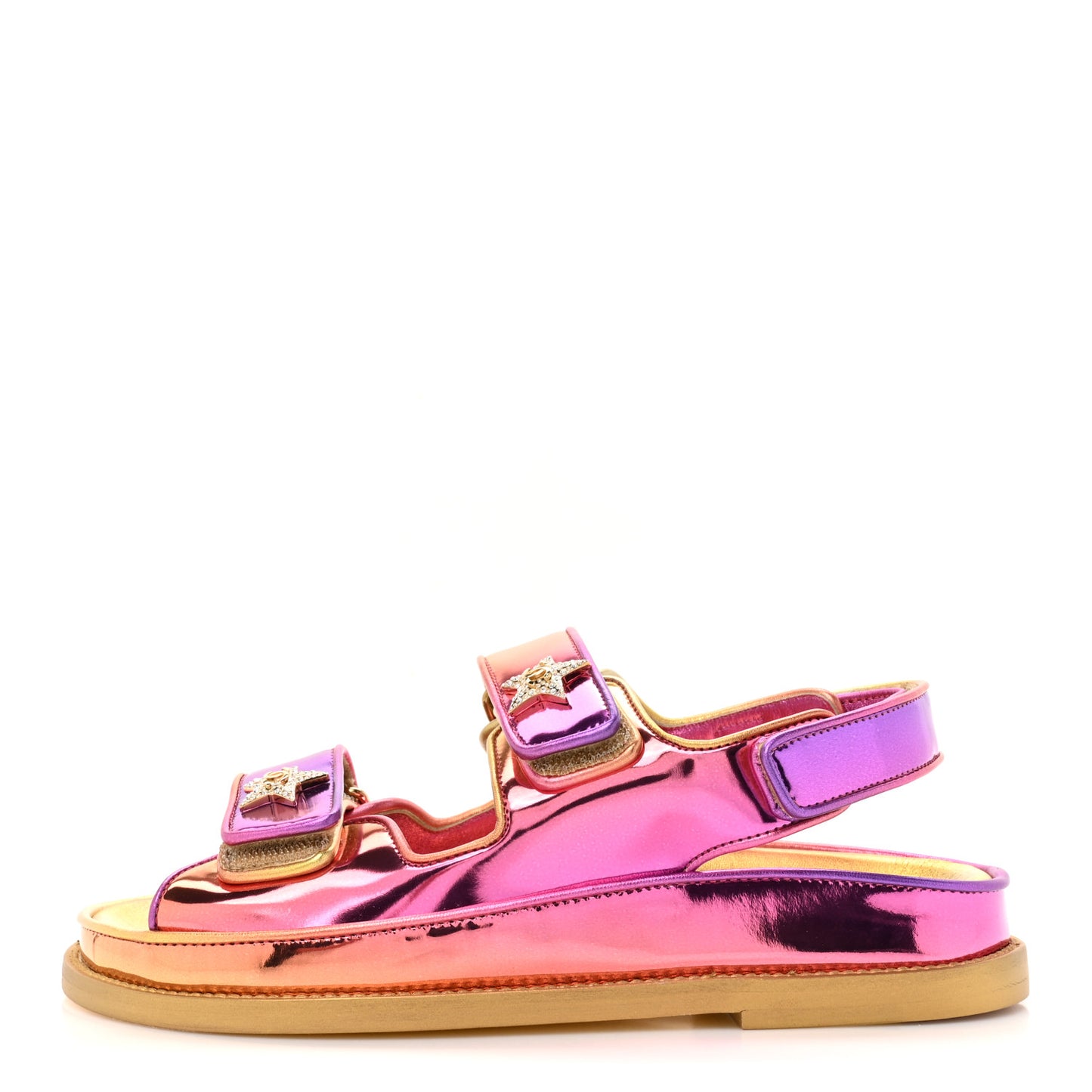 Metallic Laminated Calfskin Crystal Star CC Velcro Dad Sandals 36 Pink Orange Yellow