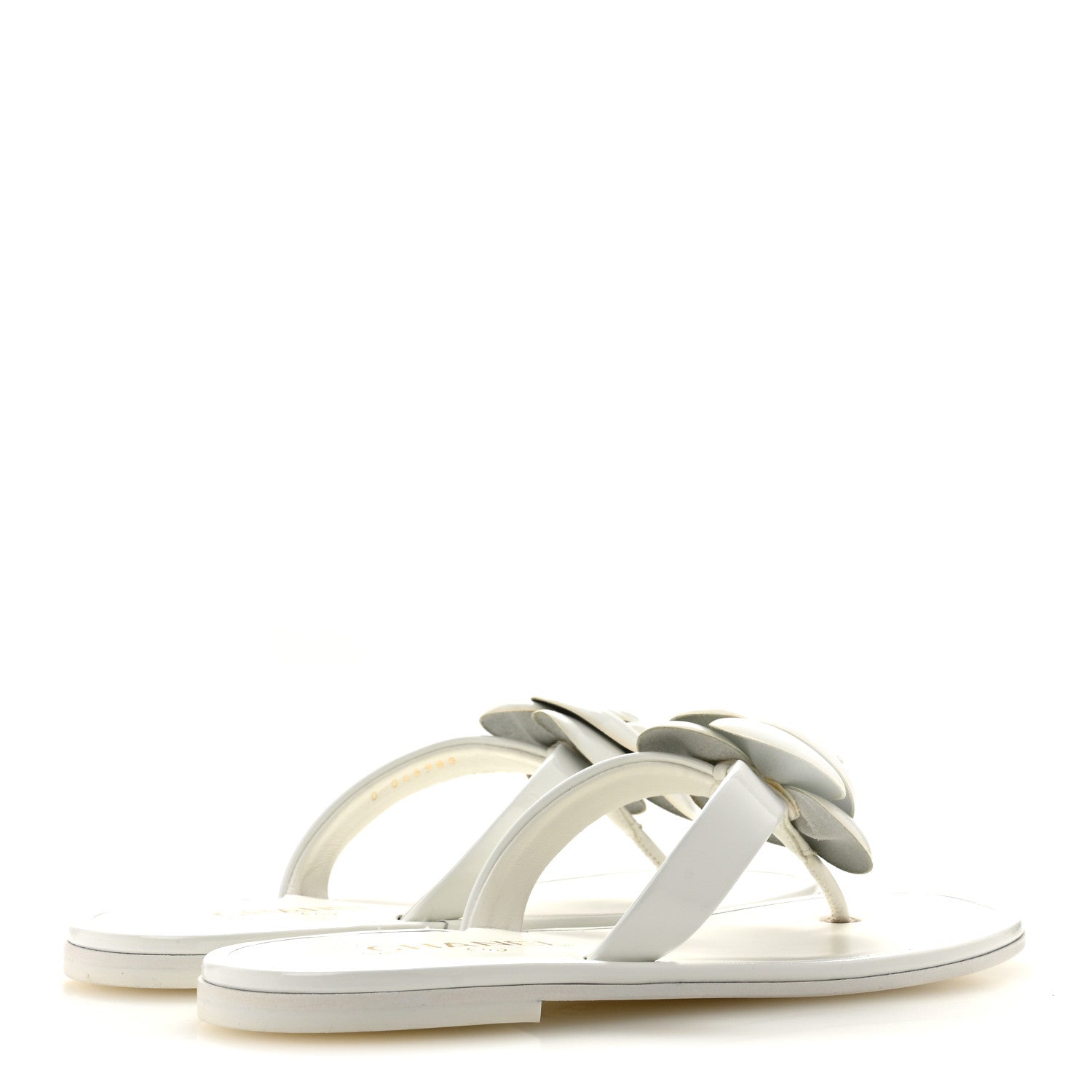Chanel Patent Calfskin Camellia Thong Sandals 37.5 White 5 of 10