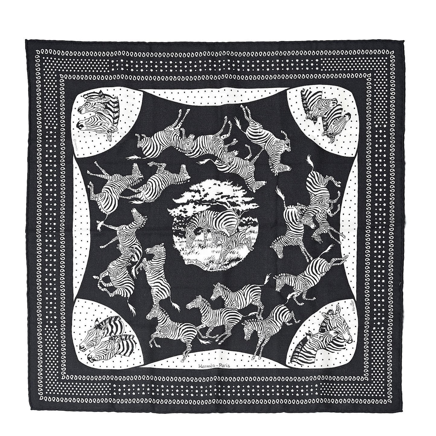 Cashmere Silk Les Zebras Bandana Scarf 55 Black Blanc