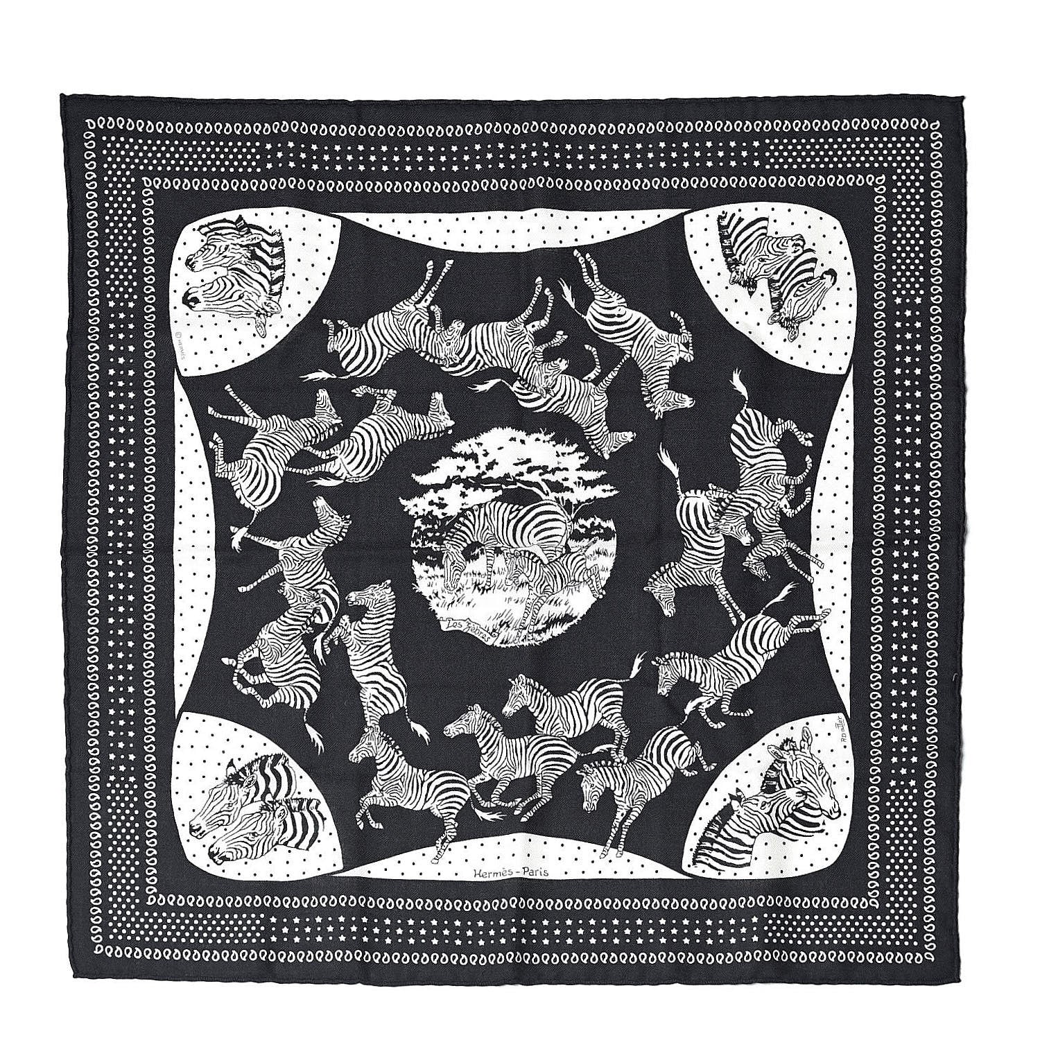 Hermes Cashmere Silk Les Zebras Bandana Scarf 55 Black Blanc 1 of 5