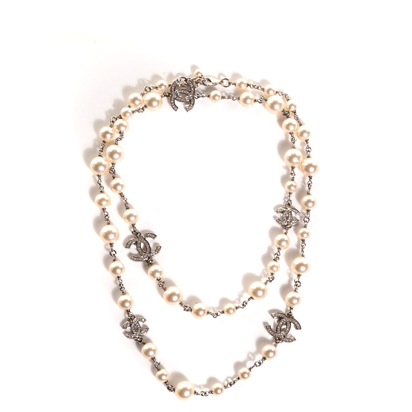 Crystal Pearl CC Long Necklace Silver