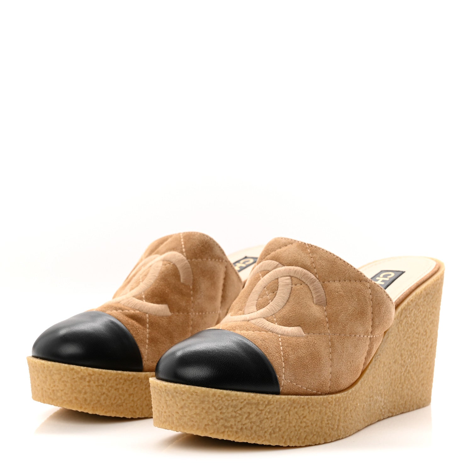 Chanel Suede Calfskin Lambskin Quilted CC Mules 40 Beige Black 4 of 10