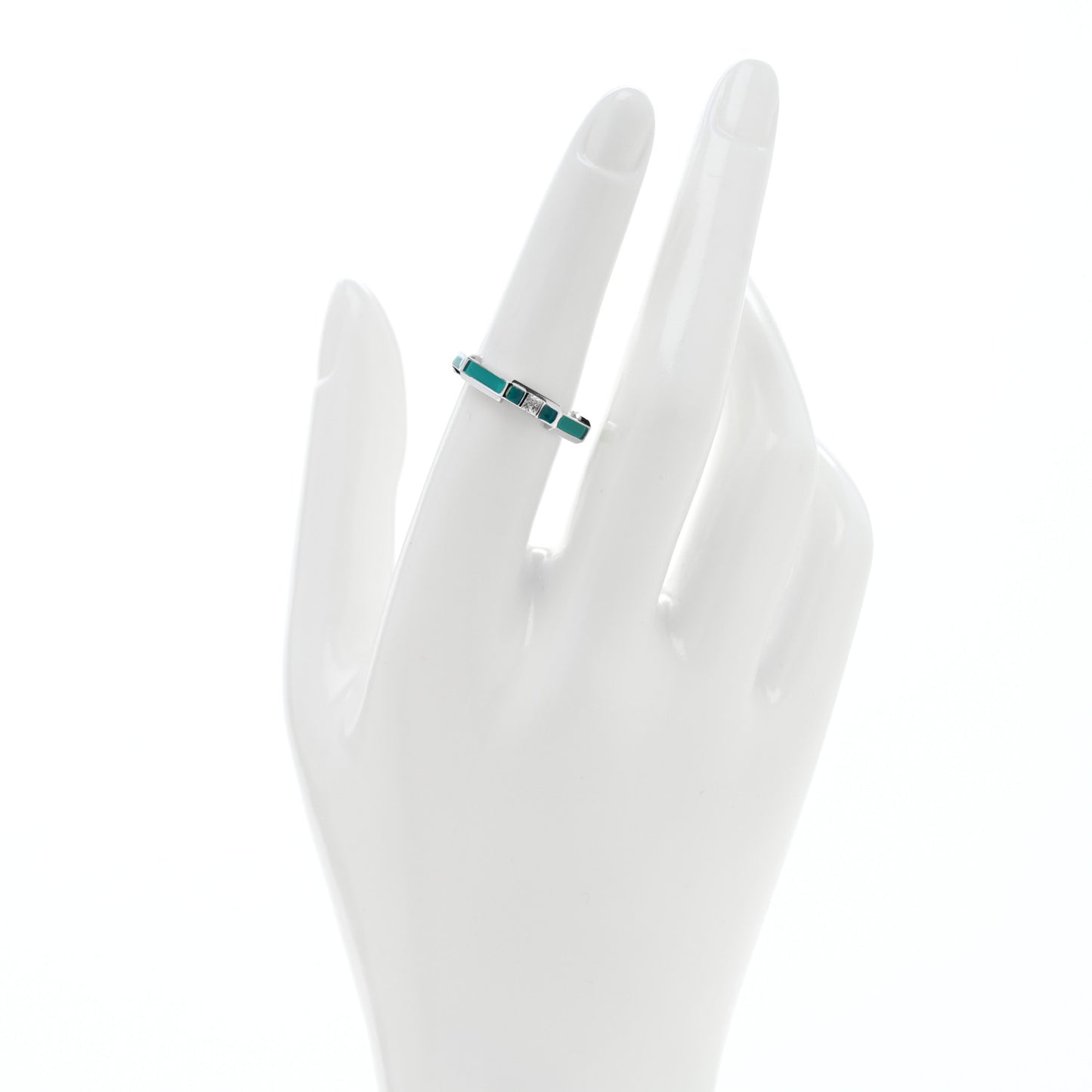 18K White Gold Enamel Diamond Link to Love Ring 54 6.75 Green