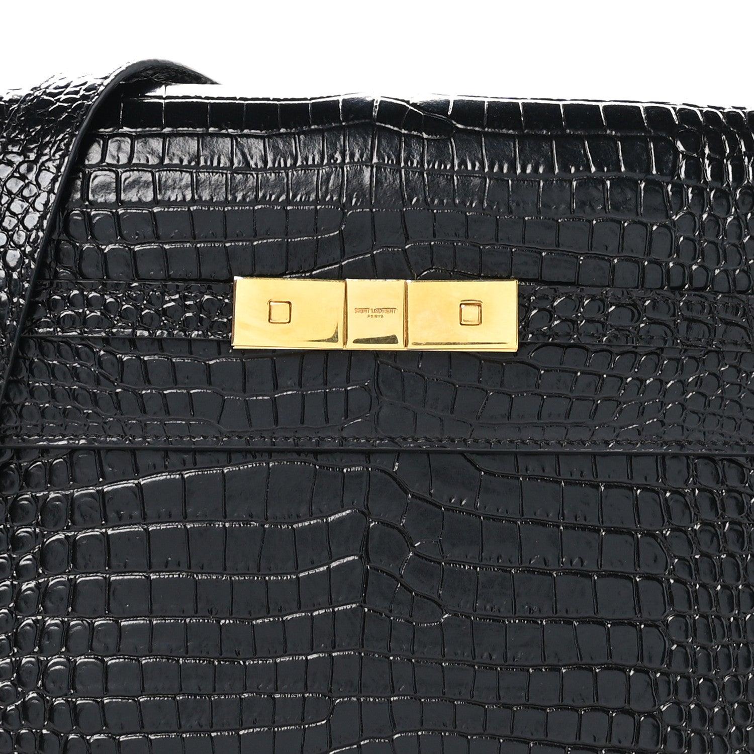 Saint Laurent Shiny Calfskin Crocodile Embossed Manhattan Baguette Black 8 of 10