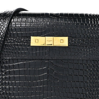 Saint Laurent Shiny Calfskin Crocodile Embossed Manhattan Baguette Black 8 of 10