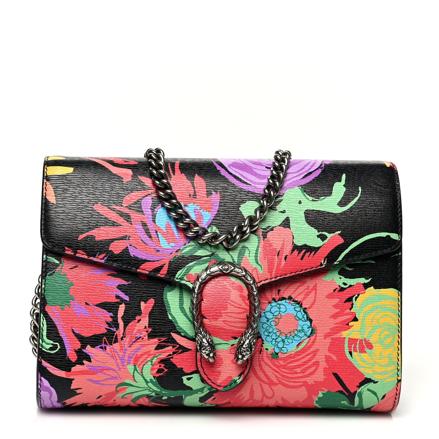 Gucci X KEN SCOTT New Shangai Calfskin Jenny Floral Print Mini Dionysus Chain Wallet Black Pink 1 of 9