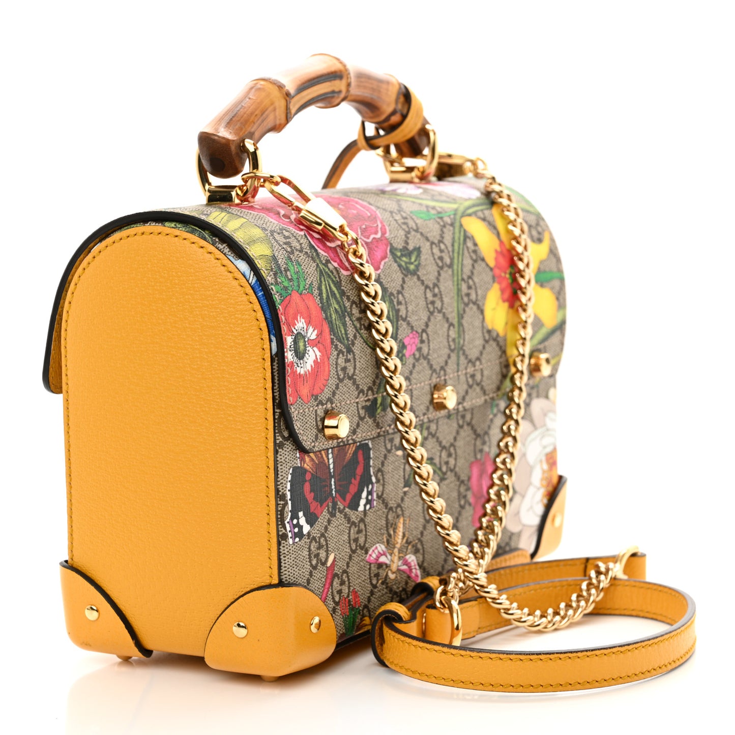 GG Supreme Monogram Flora Small Padlock Bamboo Shoulder Bag Beige Multicolor Crop