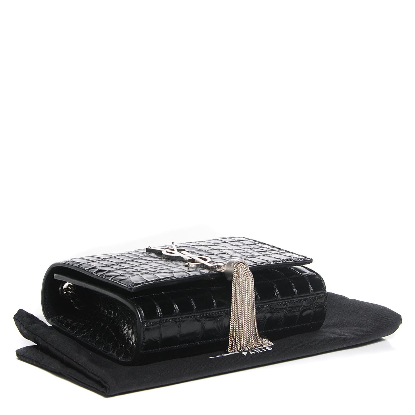 Calfskin Crocodile Embossed Small Classic Monogram Kate Tassel Satchel Black