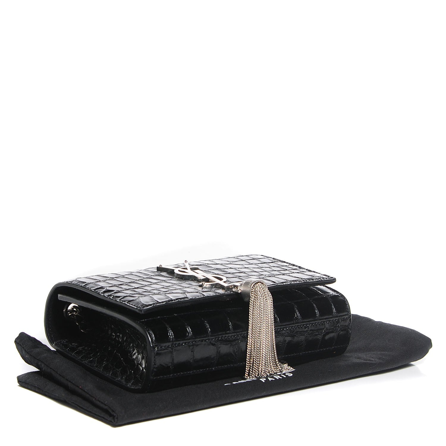 Saint Laurent Calfskin Crocodile Embossed Small Classic Monogram Kate Tassel Satchel Black 4 of 8