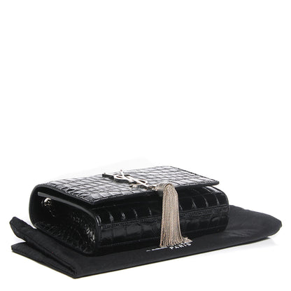 Saint Laurent Calfskin Crocodile Embossed Small Classic Monogram Kate Tassel Satchel Black 4 of 8