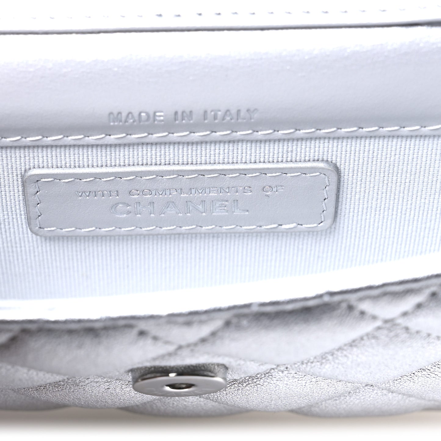 Metallic Goatskin Quilted Crystal CC Walk Of Fame Clutch With Chain Silver