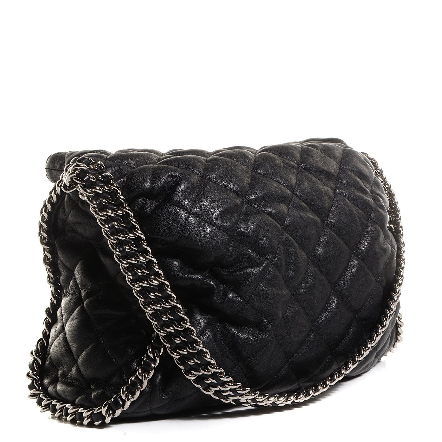 Washed Lambskin Chain Around Hobo Black